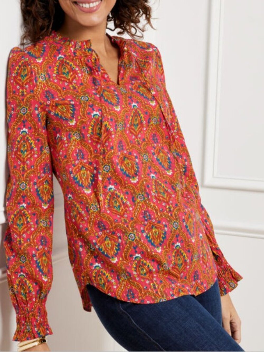 Talbots Top PL Ruffle Neck Blouse - Floral Lattice Metallic Split Neck Pullover